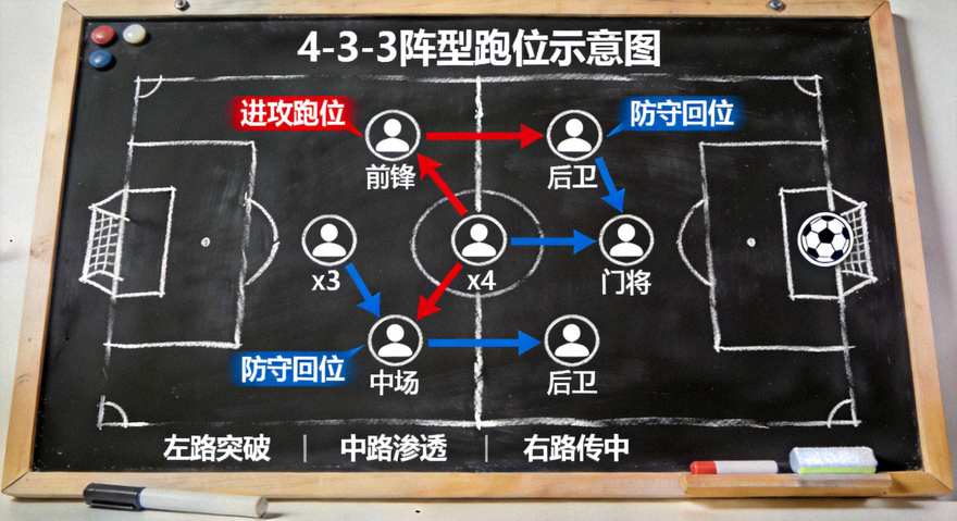 足球战术板上的阵型与跑位布置示意